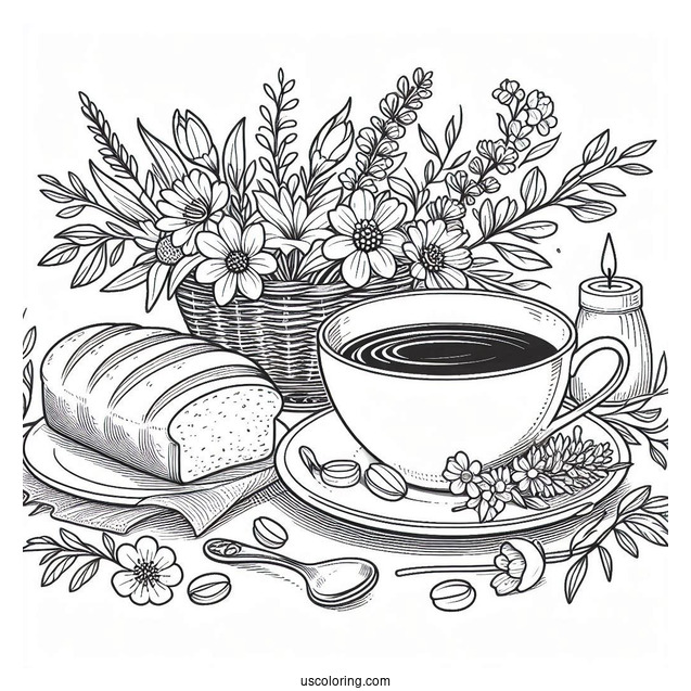 Calm April Coloring Page Morning With Tea, Bread And Flowers