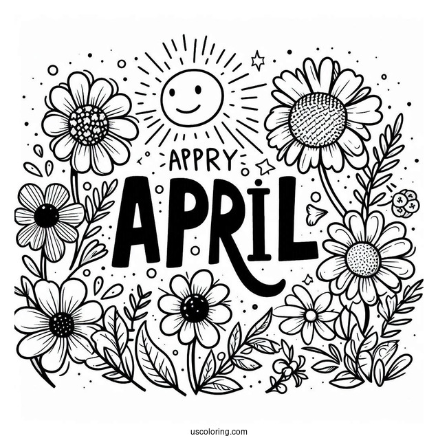 April Coloring Page Fun Word On A Sunny Day With Flowers