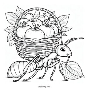 Ant Coloring Page Carrying Leaf Basket Of Fruits