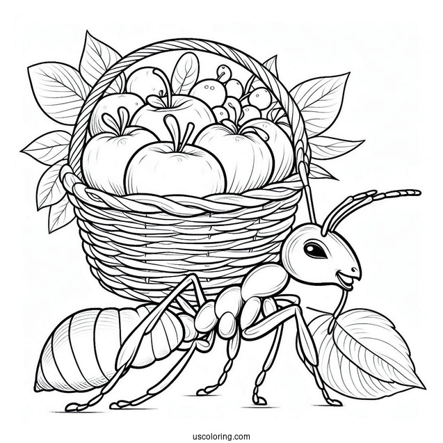 Ant Coloring Page Carrying Leaf Basket Of Fruits