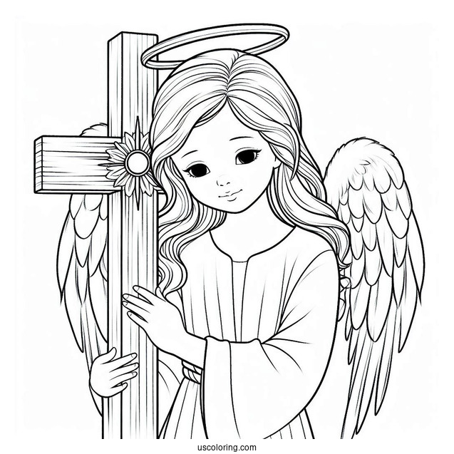 Young Angel Next To Jesus Cross To Color
