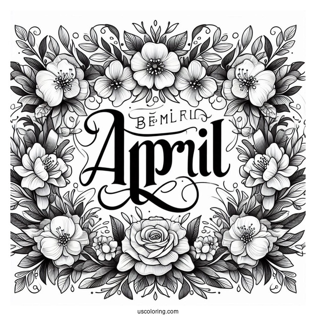 Elegant April Coloring Page Script With Floral Frame