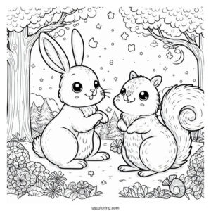 Cute Rabbit And Squirrel Playing In The Forest In April Coloring Page