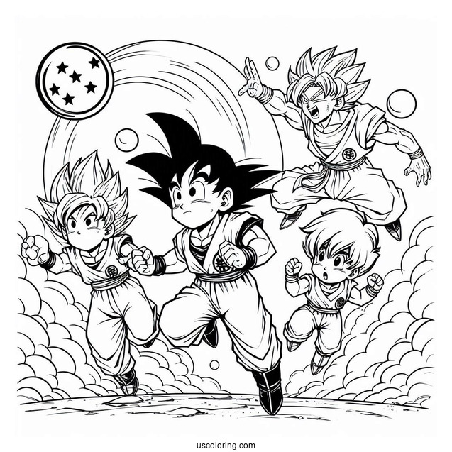Goku, Gohan, Bulma, And Krillin Chasing Dragon Balls