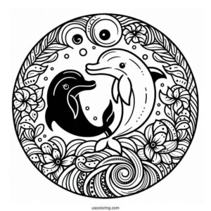 Dolphin Between Two Yin And Yang Animal Mandala Coloring Page