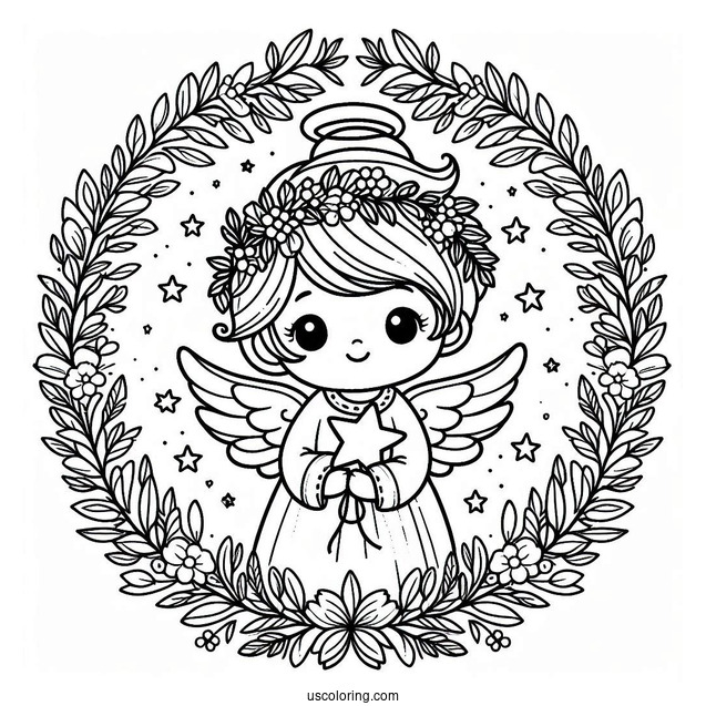 Angel Holding Star With Christmas Wreath
