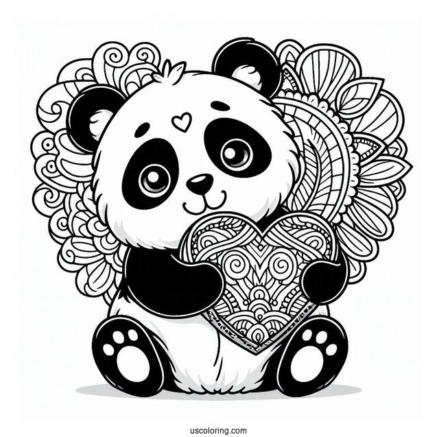 Cute Panda hugging A Love Heart Animal Mandala Coloring Page For Kids