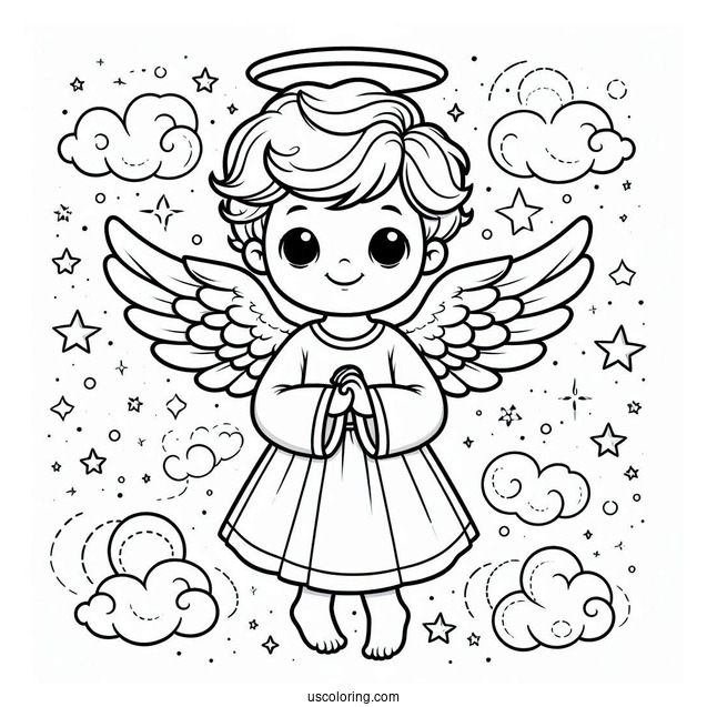Heavenly Angel Boy With Halo To Color