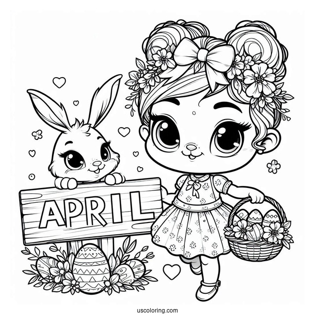Easter Bunny Holding An April Coloring Page Signage For Kids