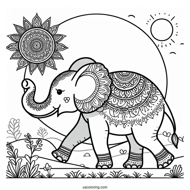 Simple Walking Elephant Animal Mandala Coloring Page