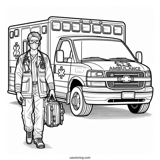 Paramedics With Medical Equipment In Front Of An Ambulance Coloring Page