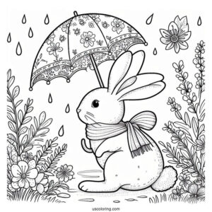 Rabbit With An Umbrella Taking A Stroll In April Coloring Page