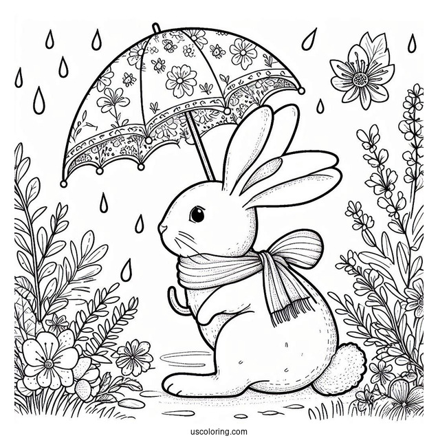Rabbit With An Umbrella Taking A Stroll In April Coloring Page