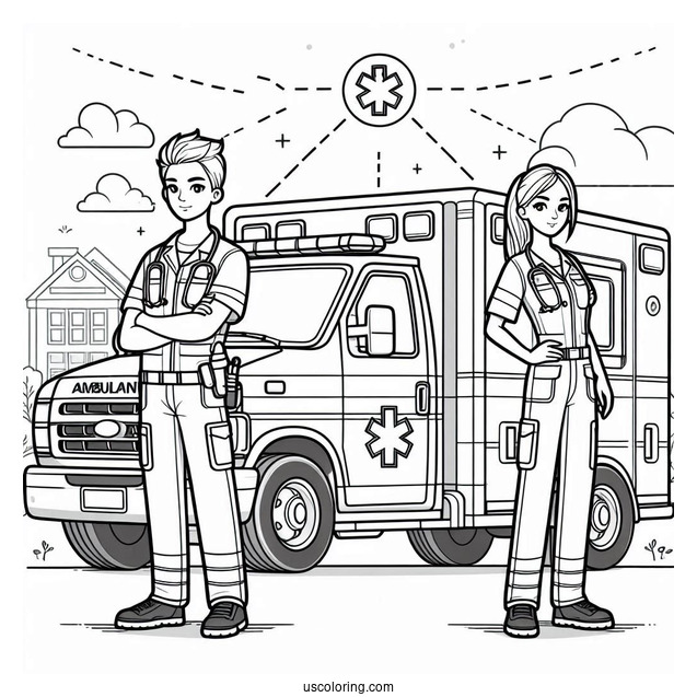 Male And Female Paramedics Standing In Front Of An Ambulance Coloring Page