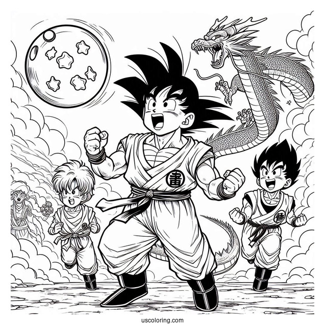 Goku, Gohan, Bulma, And Krillin Chasing Dragon Balls