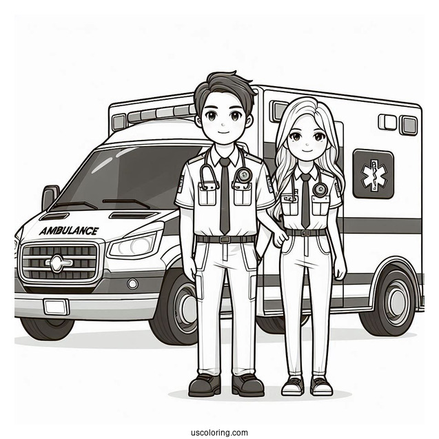 Male And Female Paramedics Standing In Front Of An Ambulance Coloring Page