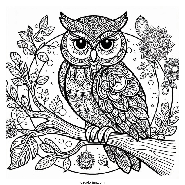 Owl Perched On A Tree Animal Mandala Coloring Page