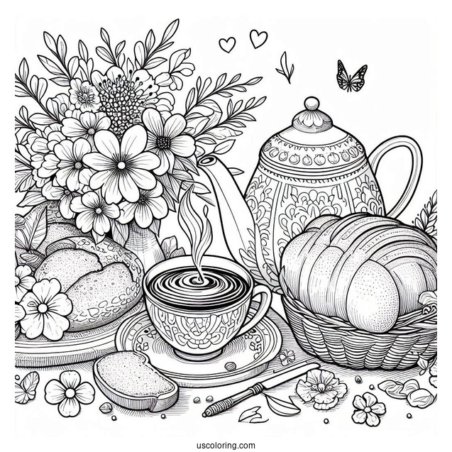 Calm April Coloring Page Morning With Tea, Bread And Flowers
