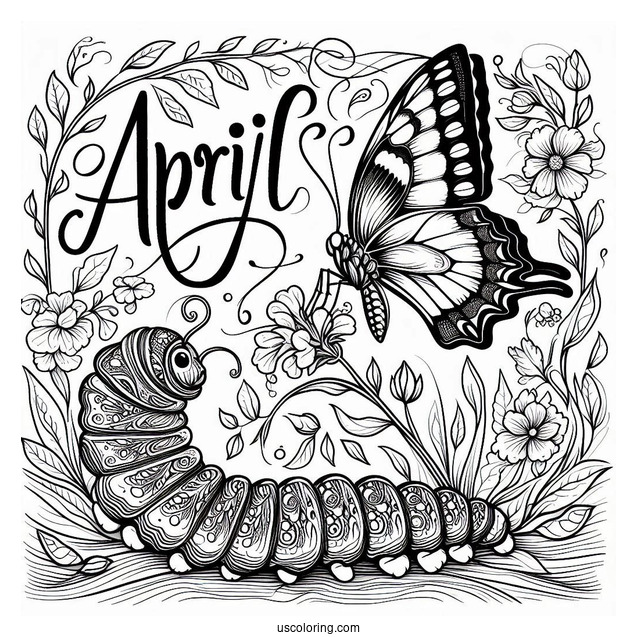 April Coloring Page Script Above Butterfly Perched On A Caterpillar