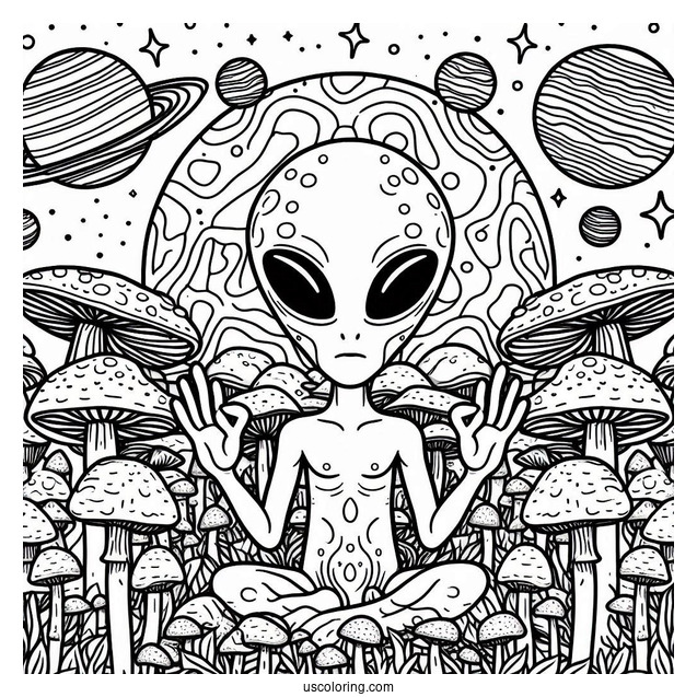 Trippy Alien Coloring Page Surrounded By Mushrooms With Planet At The Back