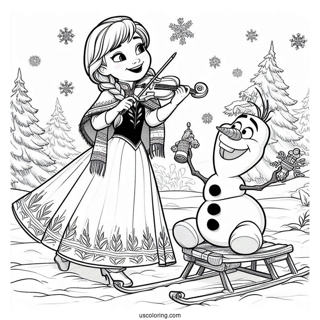 Anna And Olaf Playing In The Snow Coloring Page