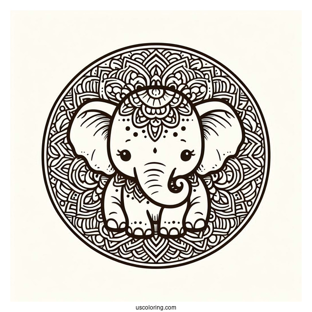 Vintage Baby Elephant Animal Mandala Coloring Page