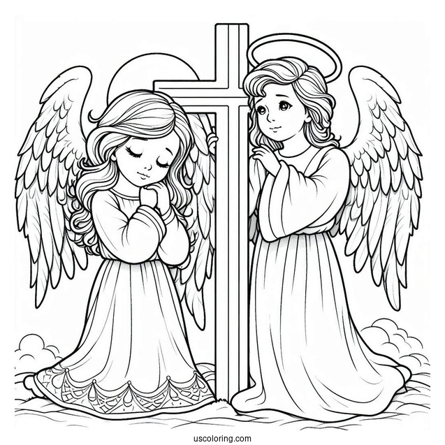Young Angel Next To Jesus Cross To Color
