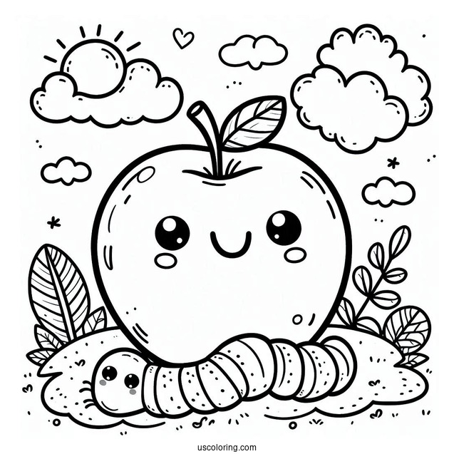 Worm In Apple Coloring Sheet For Preschoolers