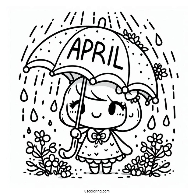 Cartoon Umbrella Under April Coloring Page Shower