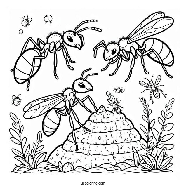 Ant Coloring Page Flashcard For Drone, Worker, Queen, And Anthill