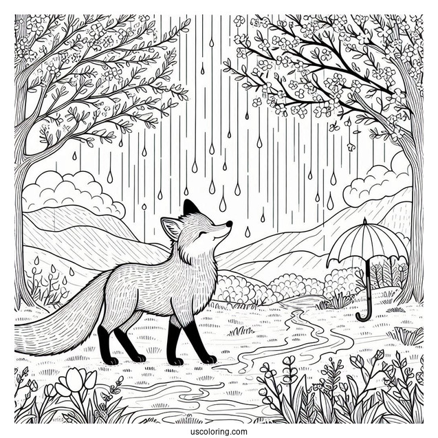Fox Strolling Under April Coloring Page Showers