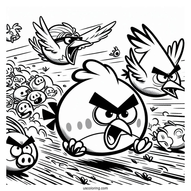 Angry Birds Charging Towards Pigs Coloring Page