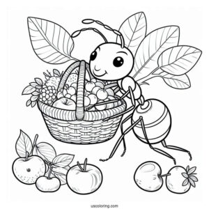 Ant Coloring Page Carrying Leaf Basket Of Fruits
