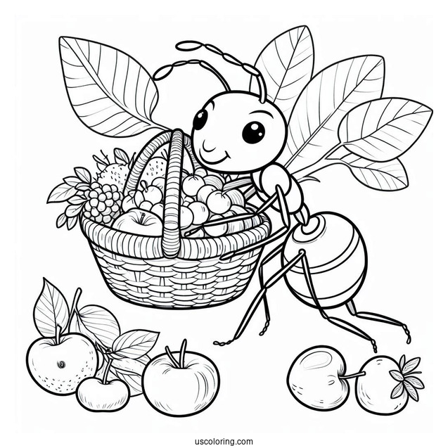 Ant Coloring Page Carrying Leaf Basket Of Fruits