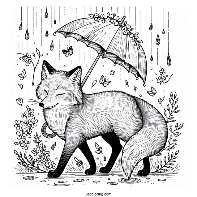 Fox Strolling Under April Coloring Page Showers
