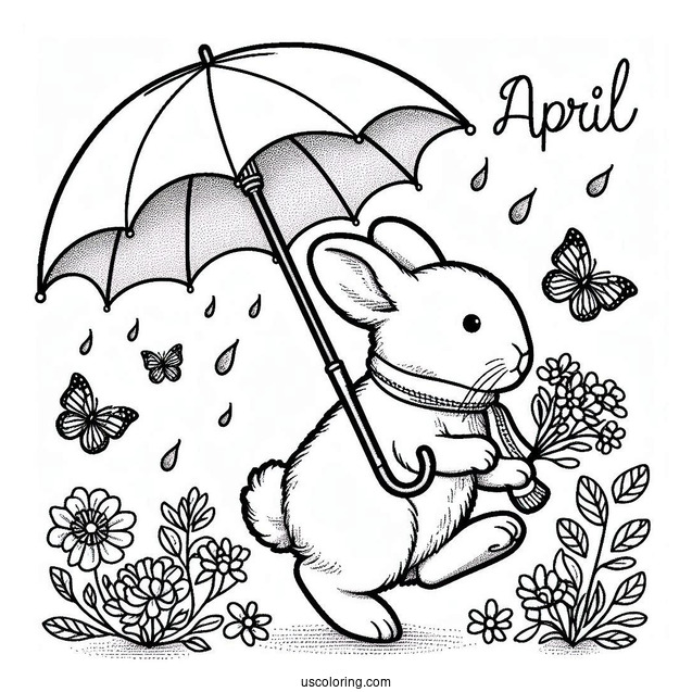 Rabbit With An Umbrella Taking A Stroll In April Coloring Page