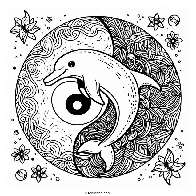 Dolphin Between Two Yin And Yang Animal Mandala Coloring Page