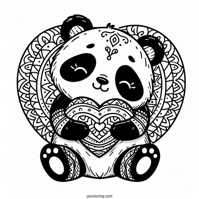 Cute Panda hugging A Love Heart Animal Mandala Coloring Page For Kids