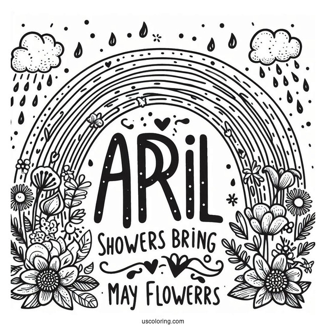 Rainbow Over April Coloring Page Showers Bring May Flowers Words Kids
