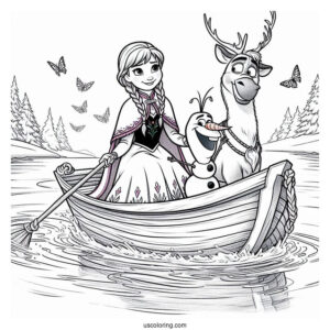 Anna And Olaf Riding Ice Boat In Water Coloring Page