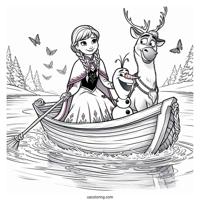 Anna And Olaf Riding Ice Boat In Water Coloring Page