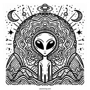 Simple Alien Coloring Page With Trippy Background