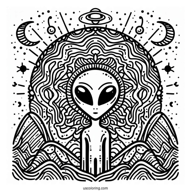 Simple Alien Coloring Page With Trippy Background