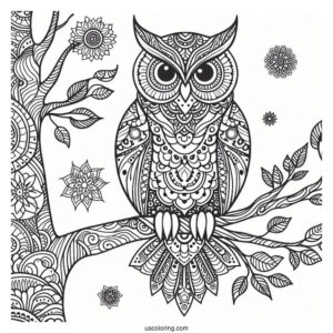 Owl Perched On A Tree Animal Mandala Coloring Page
