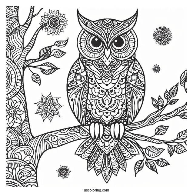 Owl Perched On A Tree Animal Mandala Coloring Page