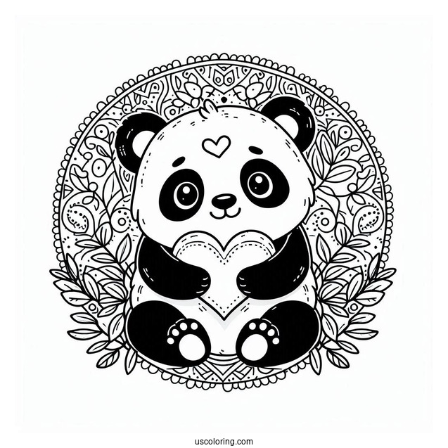 Cute Panda hugging A Love Heart Animal Mandala Coloring Page For Kids