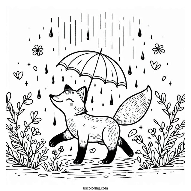 Fox Strolling Under April Coloring Page Showers