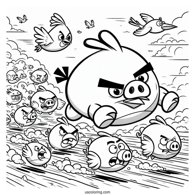 Angry Birds Charging Towards Pigs Coloring Page