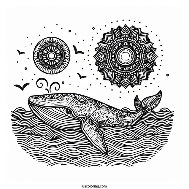 Whale Surfacing From The Waves Animal Mandala Coloring Page