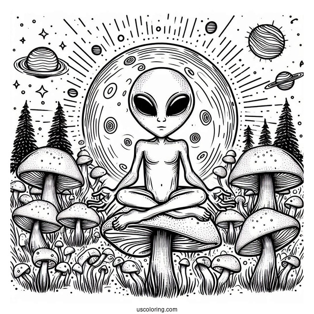 Trippy Alien Coloring Page Surrounded By Mushrooms With Planet At The Back